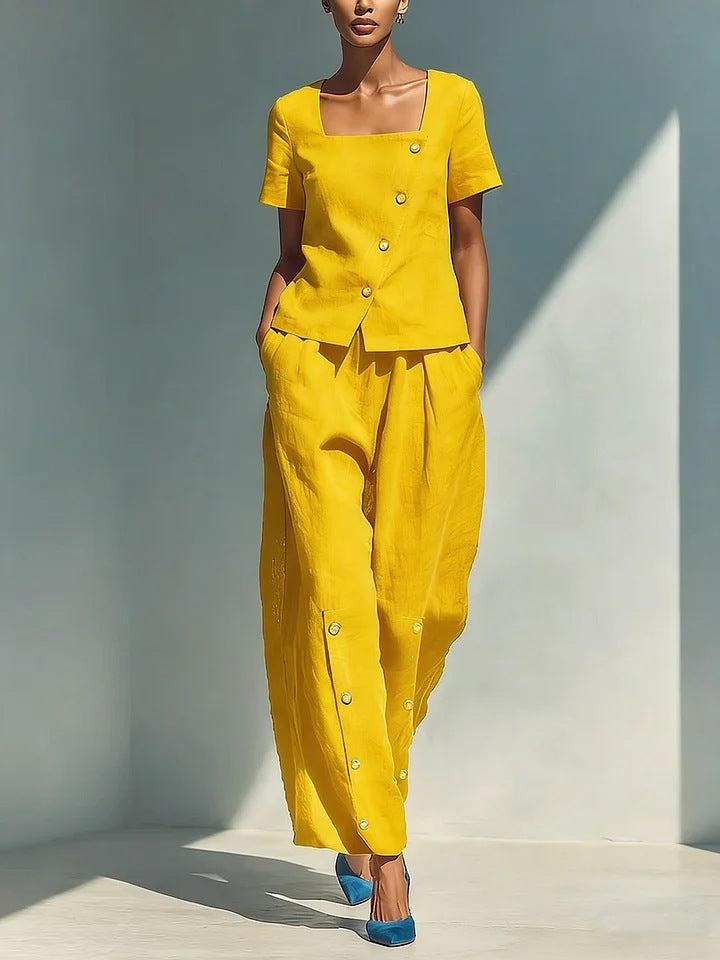 Stylish solid color loose short-sleeved top and high-waisted trousers two-piece set