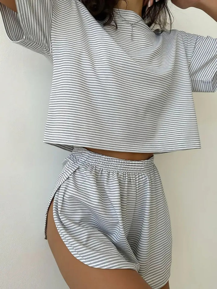 Striped Crop Top &amp; Curved Hem Shorts Set