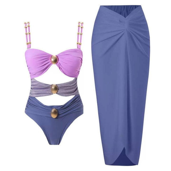Beaded Strap Cutout Twist Front Swimsuit &amp; Wrap Skirt Set
