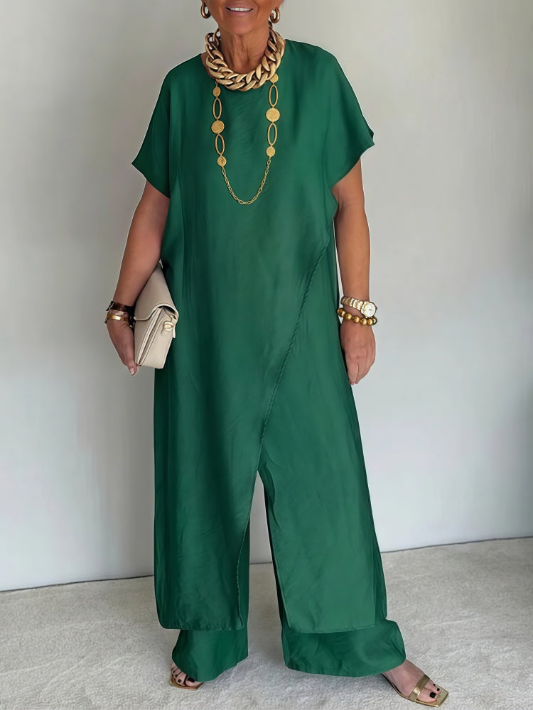 Two-piece set: loose-fitting, slit-front, belted top and wide-leg pants