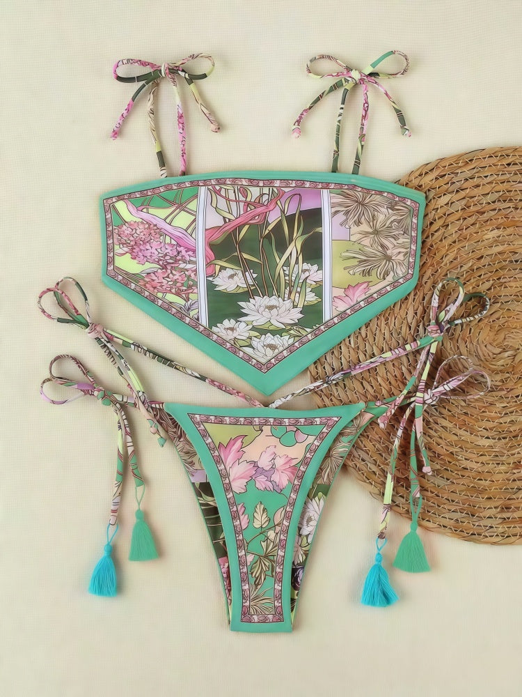 Boho Scarf Bikini Set – Printed Tie-Up Triangle Swimsuit
