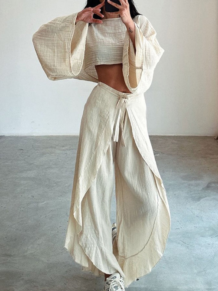 Crinkled Texture Long Sleeve Crop Top &amp; Wide Leg Pants Set