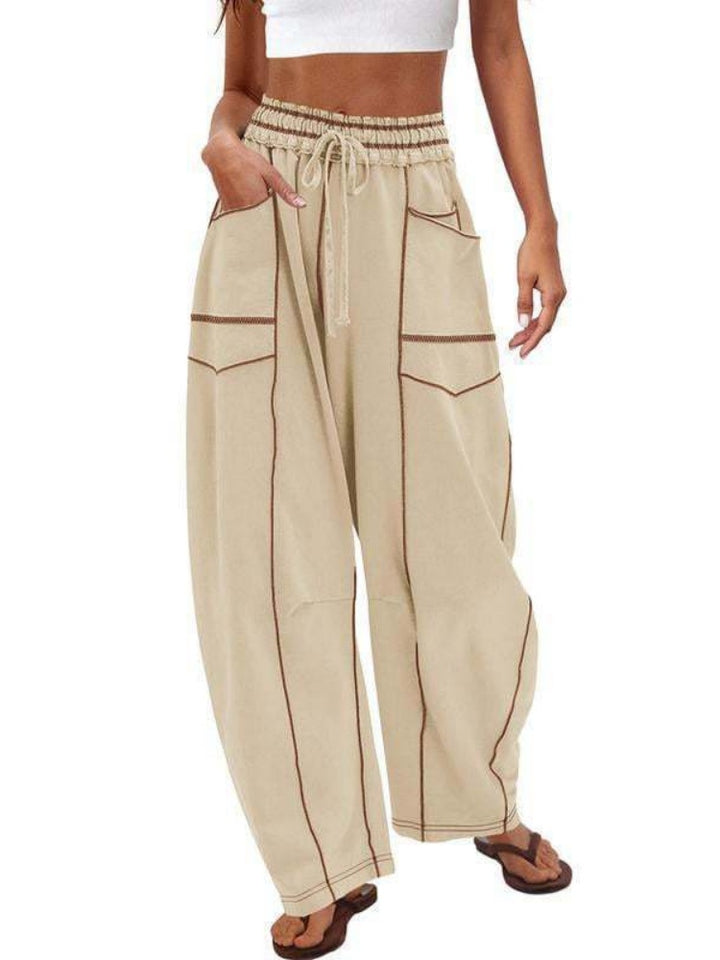 Elastic Waist Contrast Stitch Wide Leg Pants