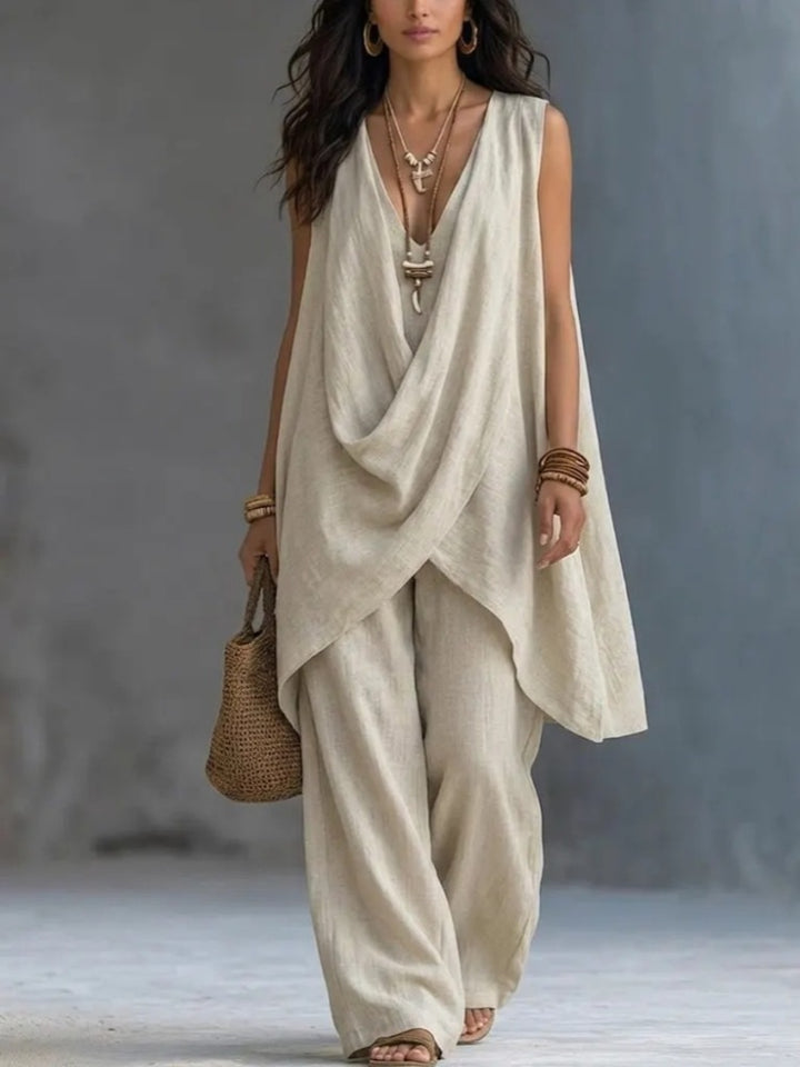 Sleeveless Stand Collar Cotton Linen Resort Two Piece Set