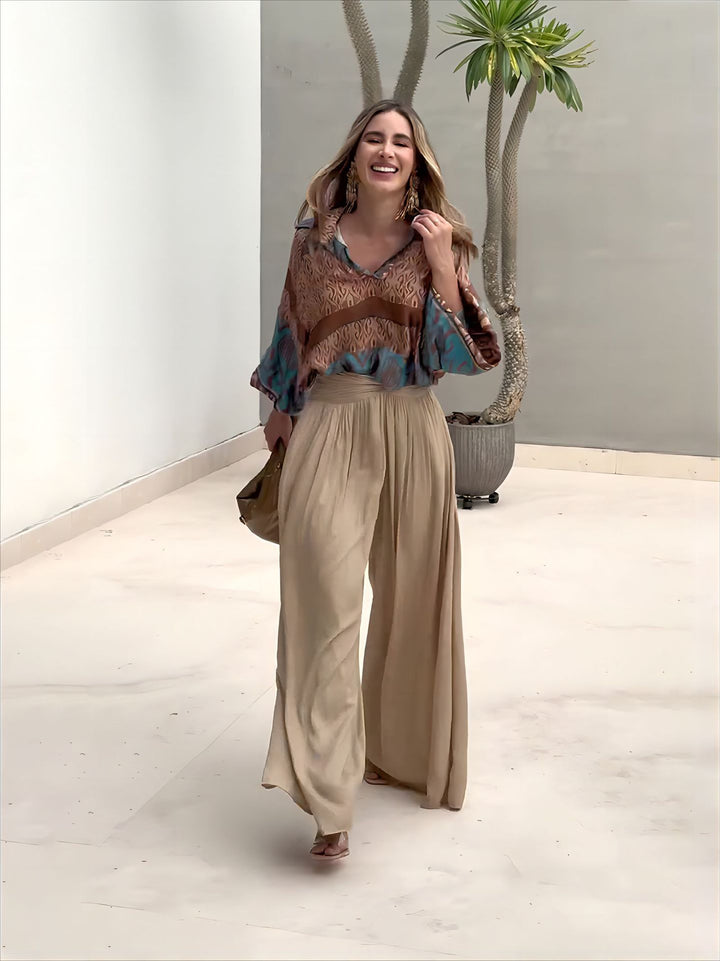 Abstract Print Blouse &amp; Pleated Wide Leg Pants Set
