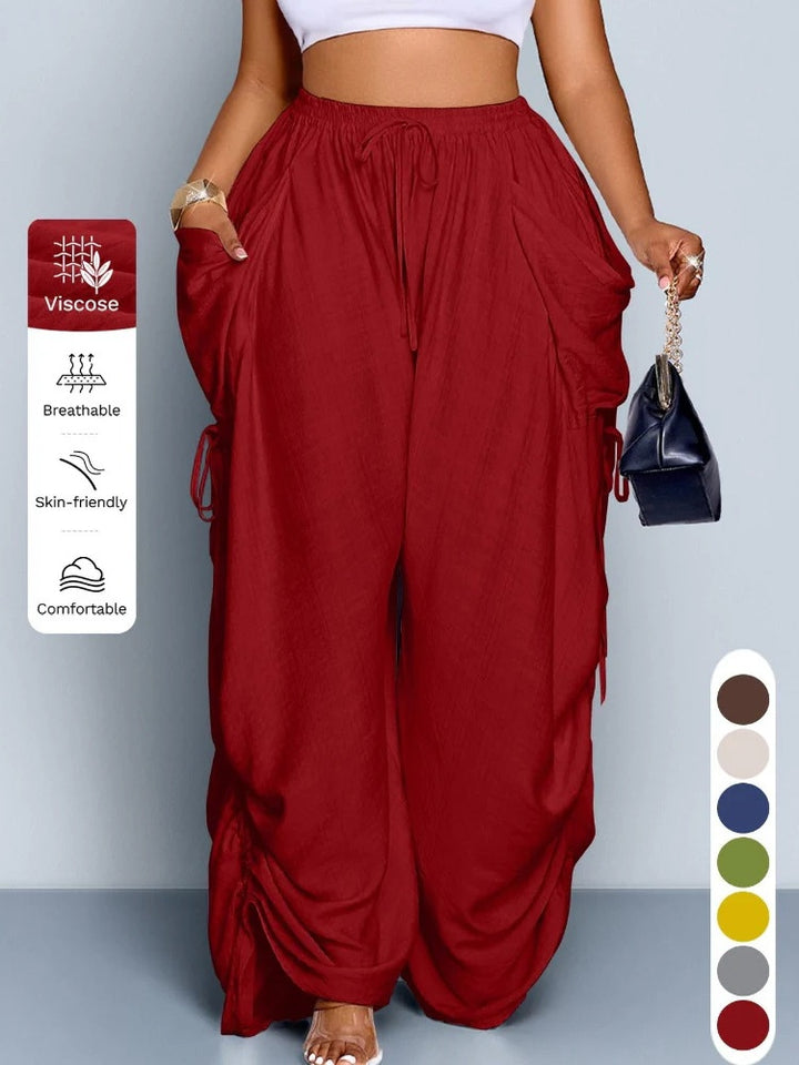Plus Size Drawstring Ruched Wide Leg Cargo Pants with Pockets