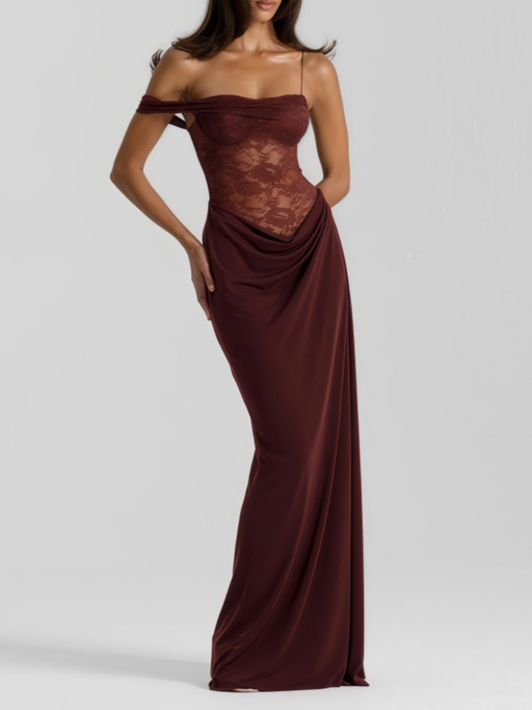 Spaghetti Strap Lace Bodice Draped Maxi Dress