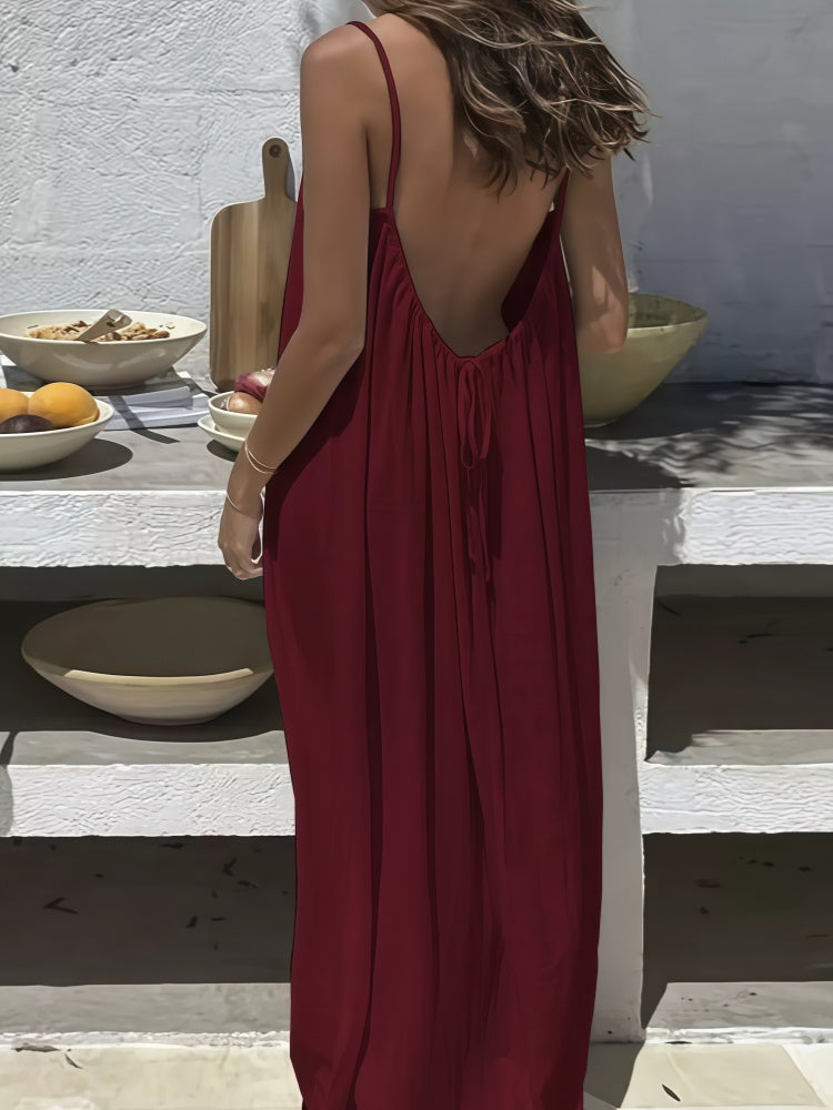 Spaghetti Strap Open Back Pleated Maxi Dress