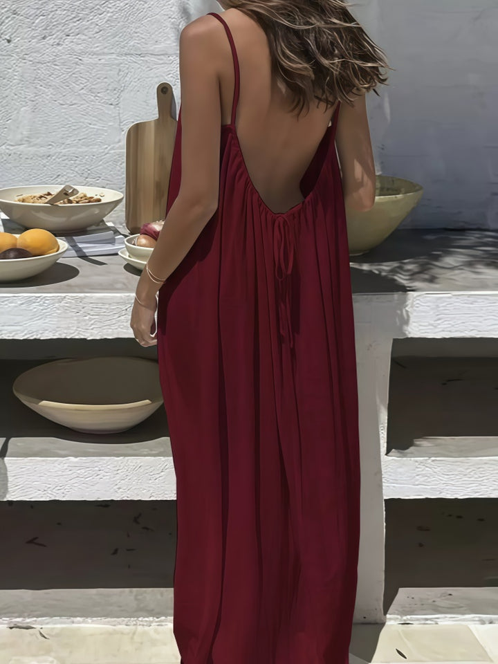 Spaghetti Strap Open Back Pleated Maxi Dress