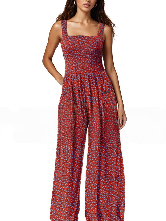 Smocked Square Neck Wide Leg Floral Jumpsuit