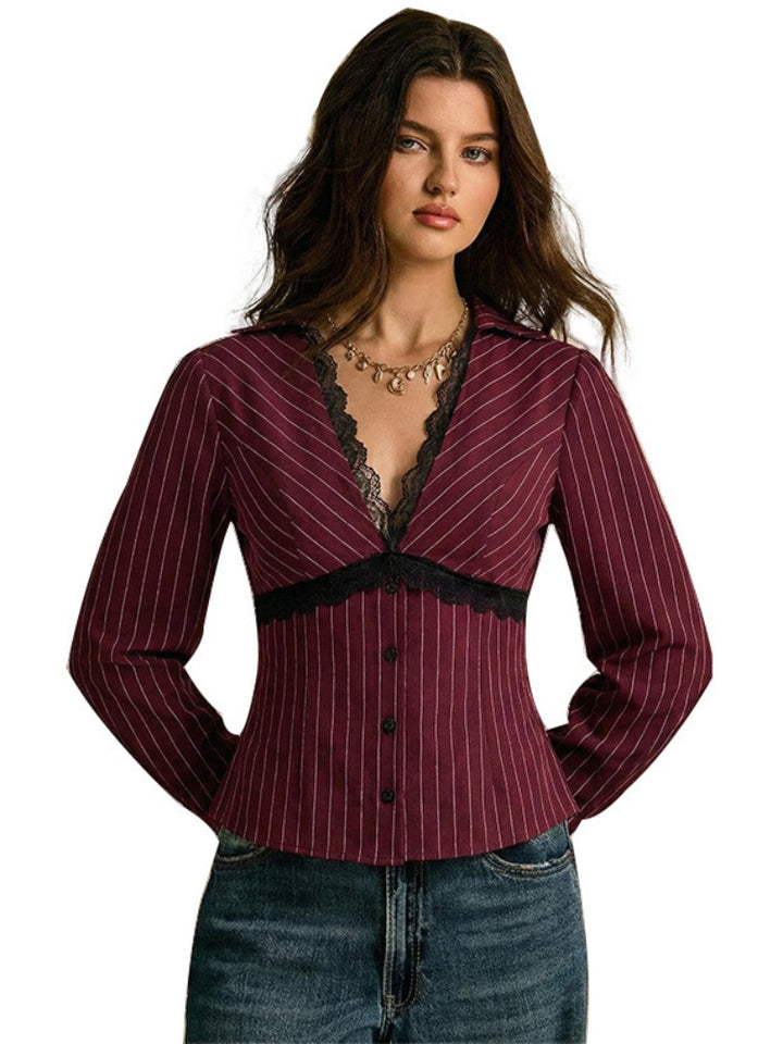 Burgundy Pinstripe Lace Trim Fitted Blouse