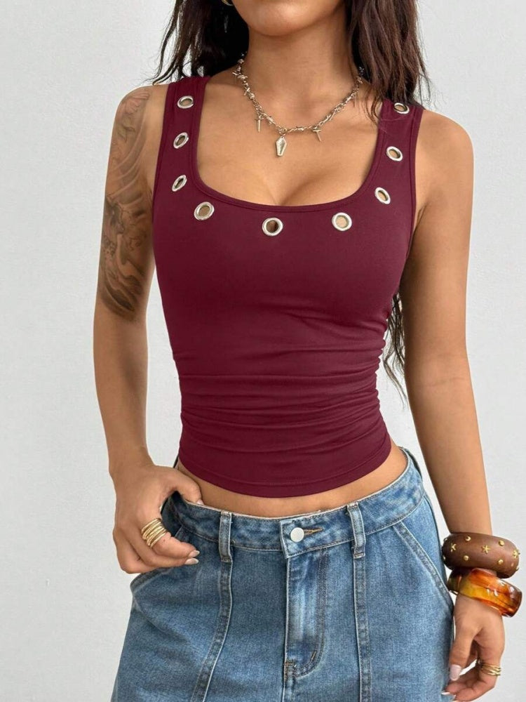 Eyelet Crop Tank Top - Square Neck Sleeveless Fitted Camisole