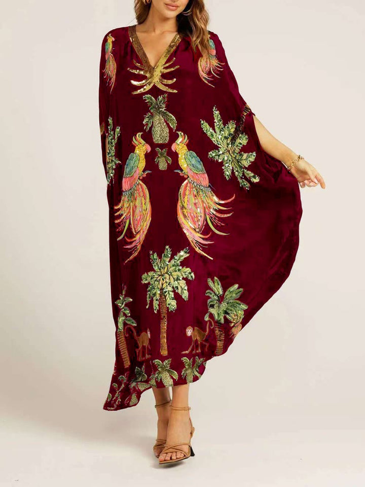 Sequin Tropical Print Kaftan Maxi Dress