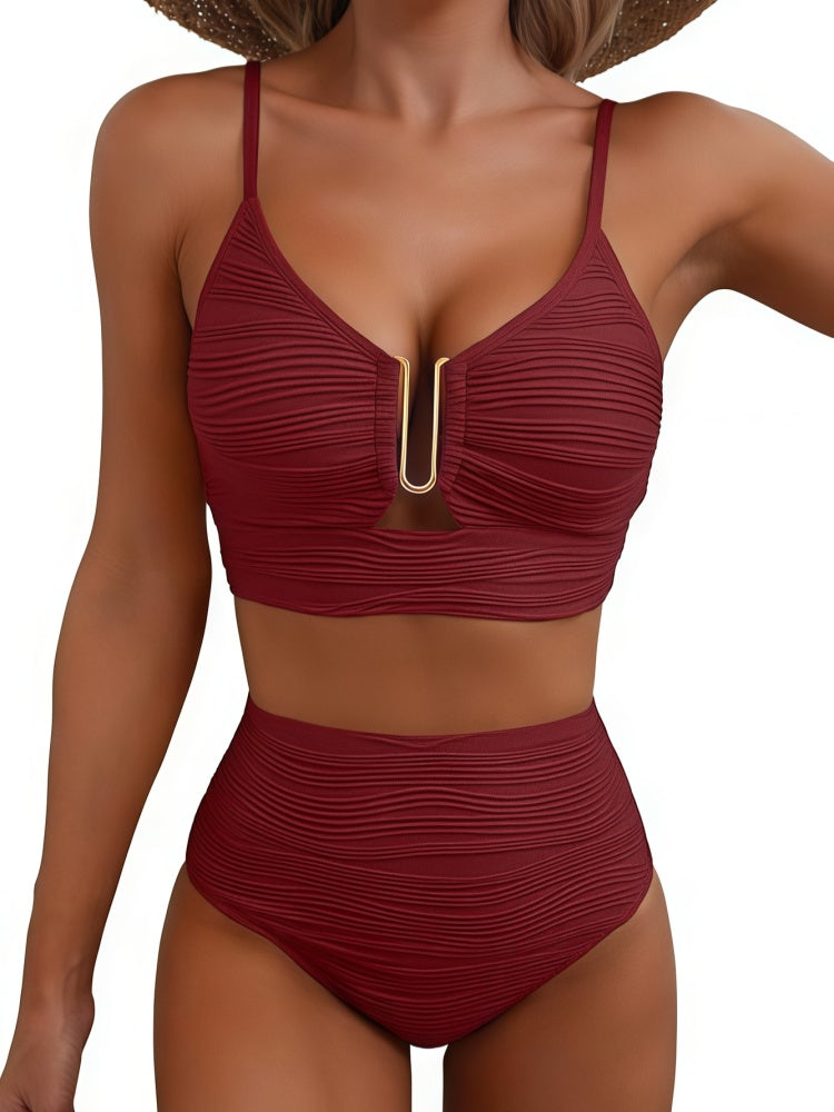 Ruched Textured Cutout High Waisted Bikini Set