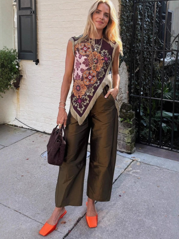 Fringed Floral Print Asymmetrical Sleeveless Top