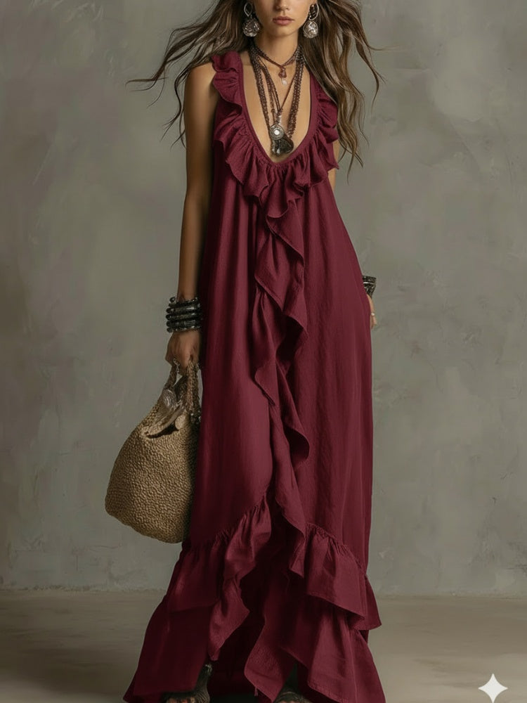 Boho Ruffled V-Neck Maxi Dress