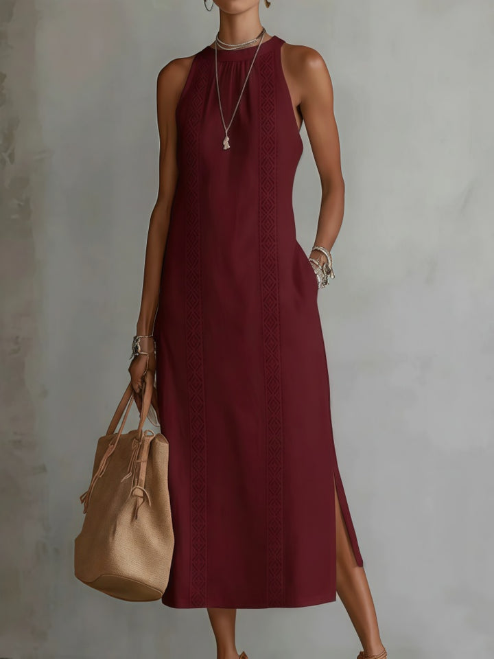 Lace-Trimmed Linen-Blend Halter Neck Midi Dress