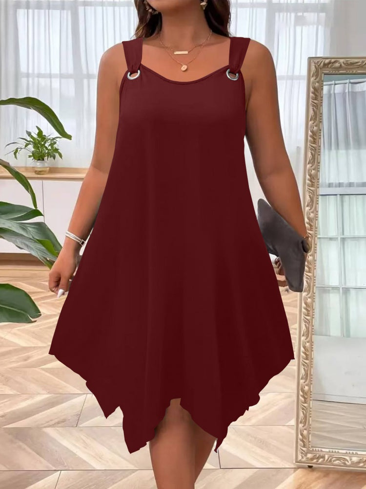 Solid O-Ring Strap Asymmetric Hem Tank Dress