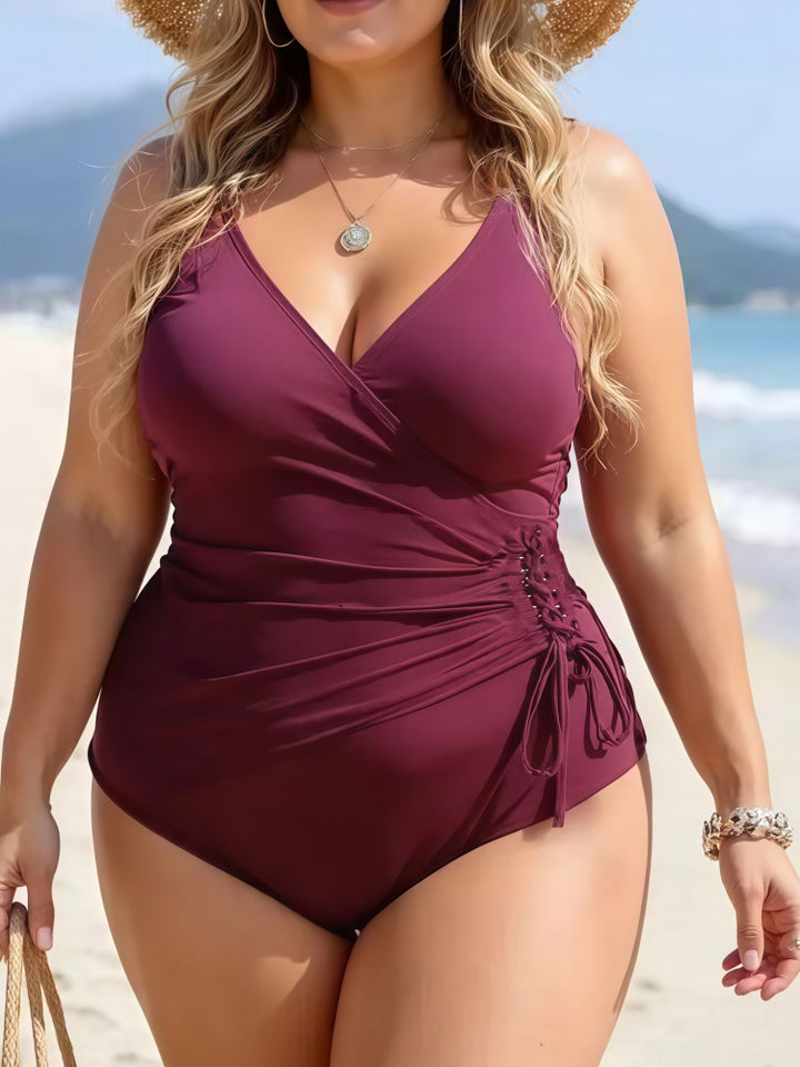 Plus Size Deep V Wrap Ruched Lace-Up One Piece Swimsuit