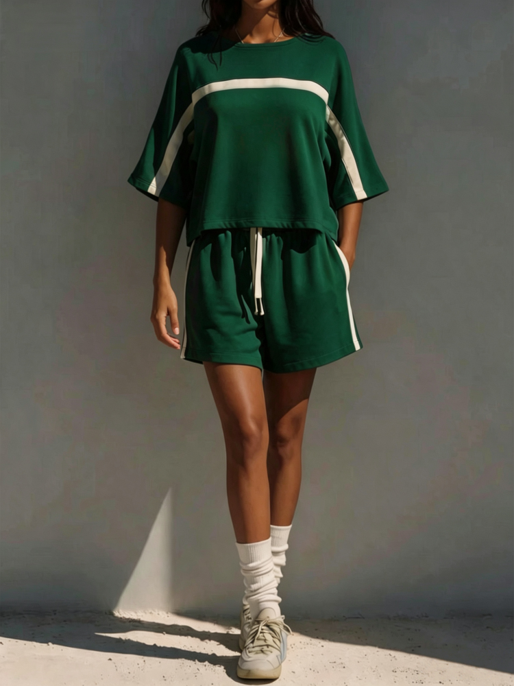 Sporty Color-Block Short Sleeve Set