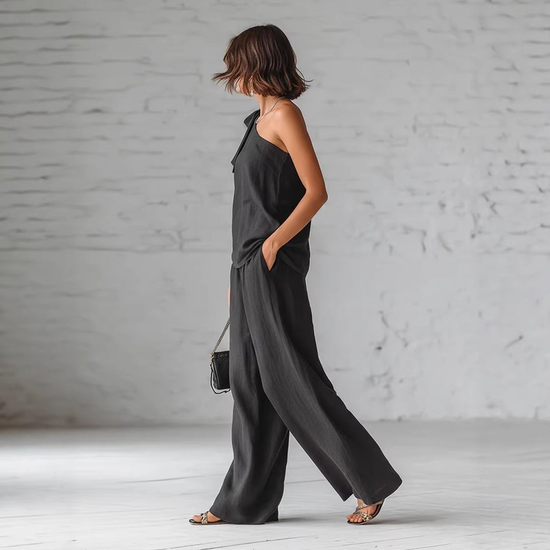 Sleeveless one-shoulder top with tie and wide-leg women&