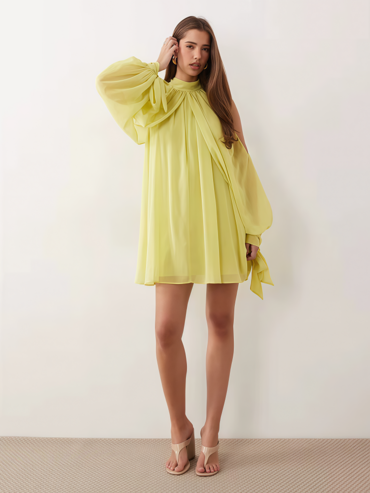 Puff-sleeve halter off-the-shoulder dress