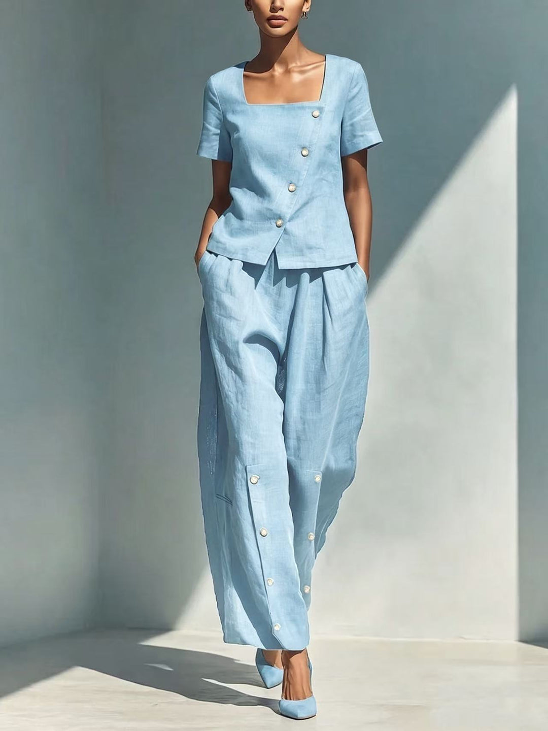 Stylish solid color loose short-sleeved top and high-waisted trousers two-piece set