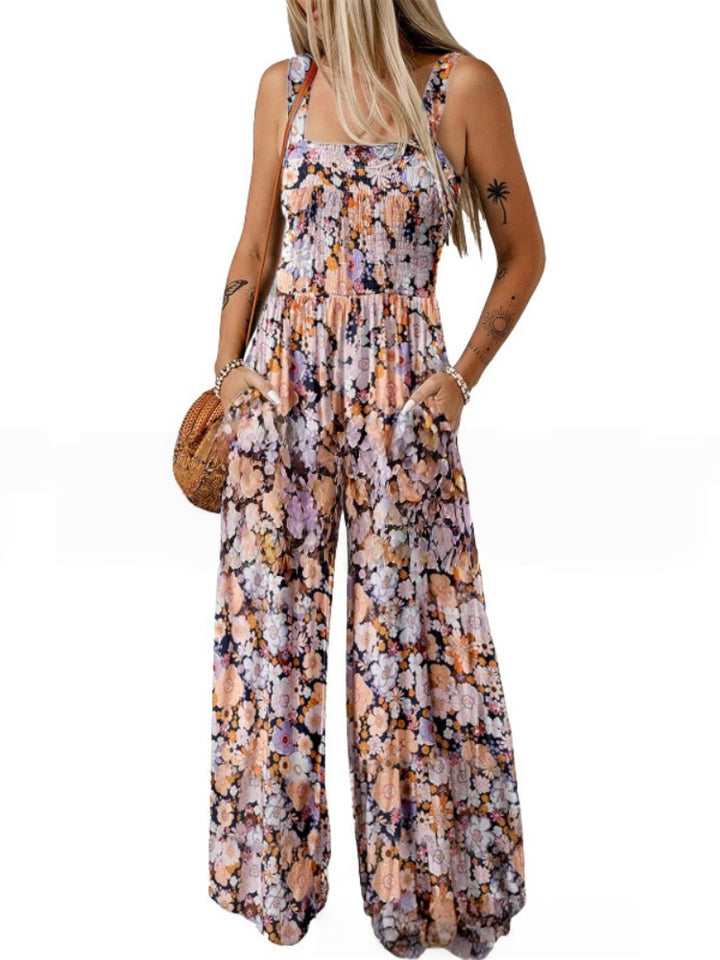 Smocked Square Neck Wide Leg Floral Jumpsuit