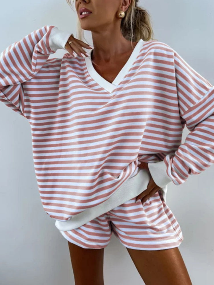 Striped V-Neck Loungewear Set