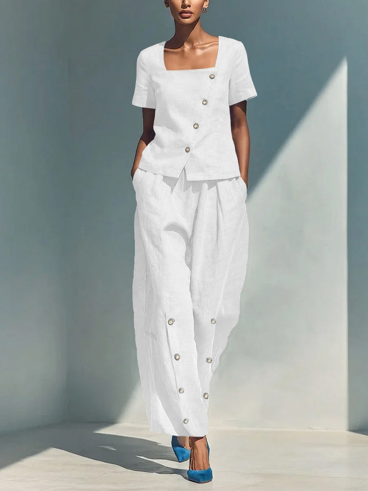Stylish solid color loose short-sleeved top and high-waisted trousers two-piece set