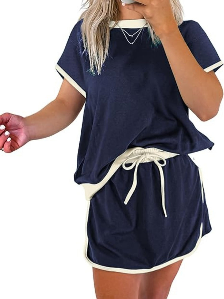 Contrast Trim Short Sleeve Top &amp; Mini Skirt Two-Piece Set