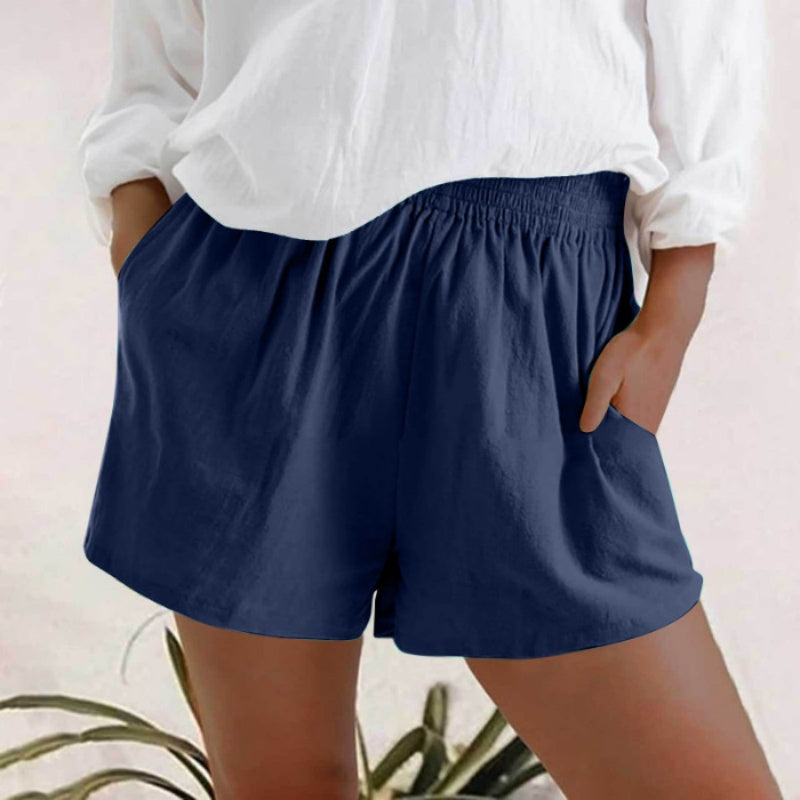 High Waisted Elastic Waist Linen Blend Shorts