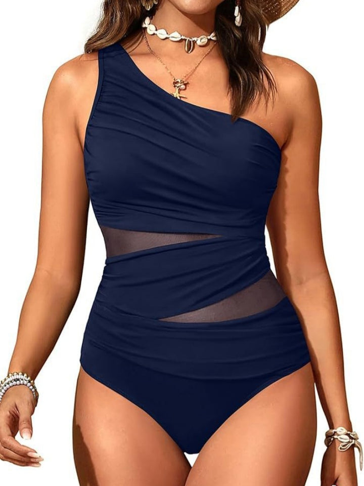 One Shoulder Mesh Ruched One Piece Swimsuit