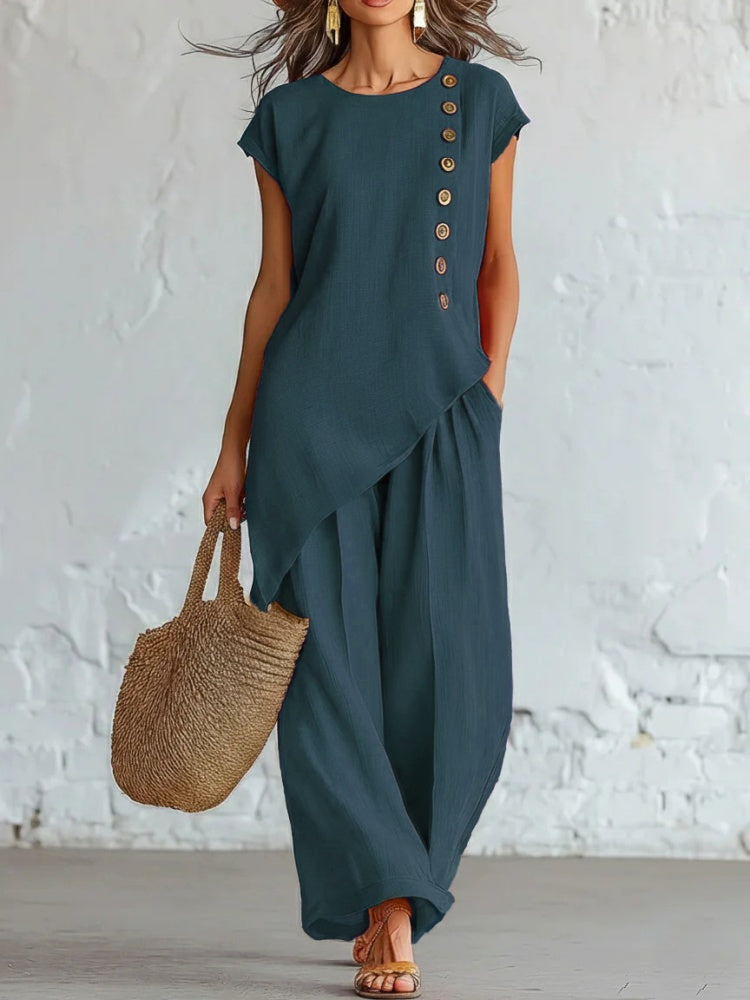 Asymmetrical Button Side Top &amp; Wide Leg Pants 2 Piece Linen Look Outfit Set