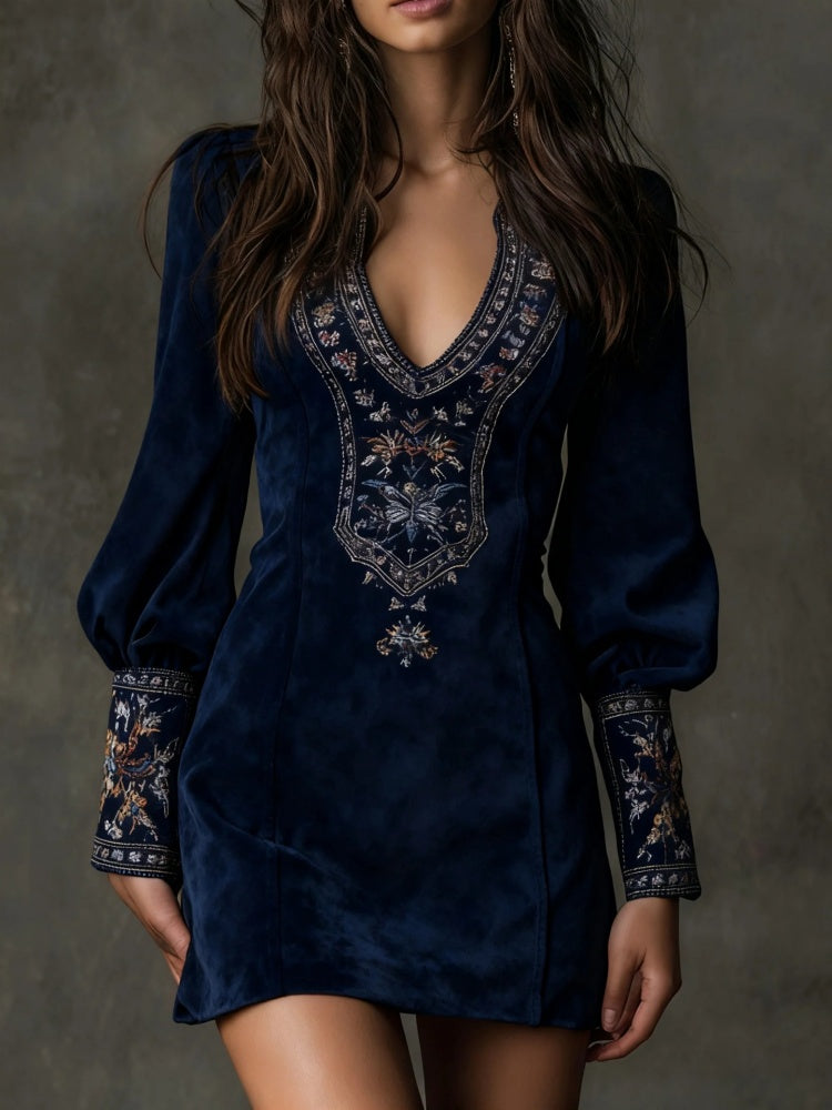 V-neck embroidered long-sleeved dress