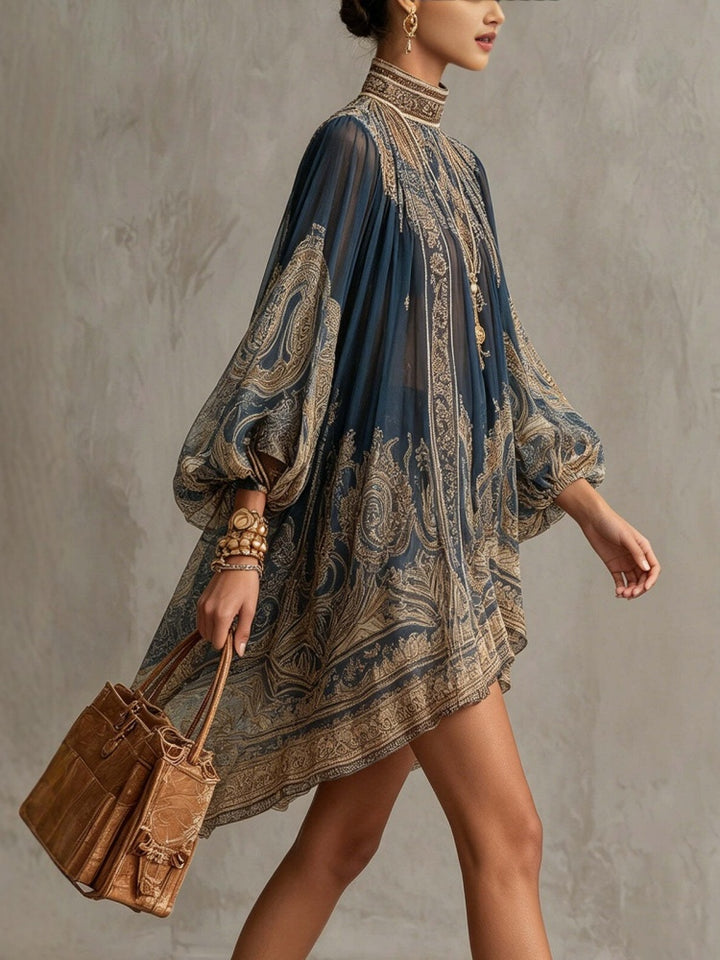 Boho Printed Chiffon High Low Mini Dress