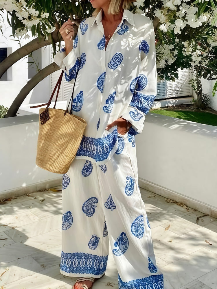 Printed Loose Long-Sleeve Shirt and Pants Two-Piece Set