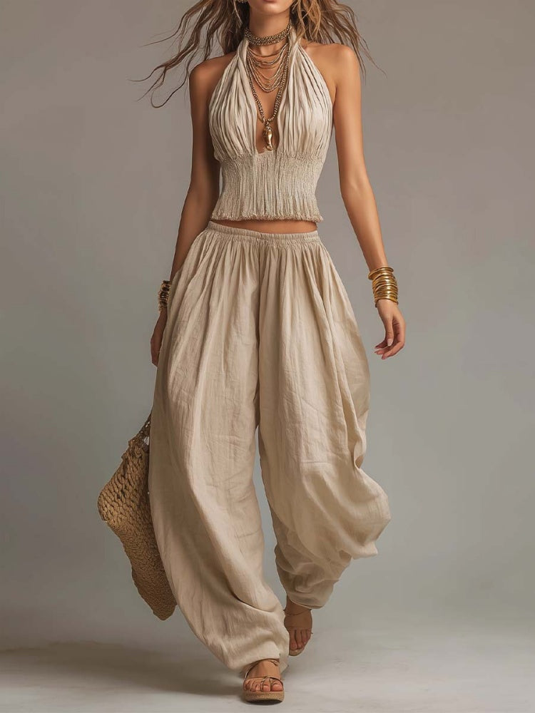 Halter Neck Smocked Crop Top &amp; Harem Pants Set
