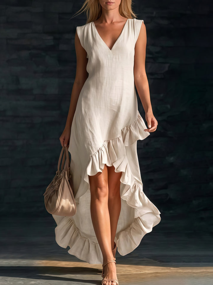 V-Neck Sleeveless High-Low Ruffle Hem Maxi Dress