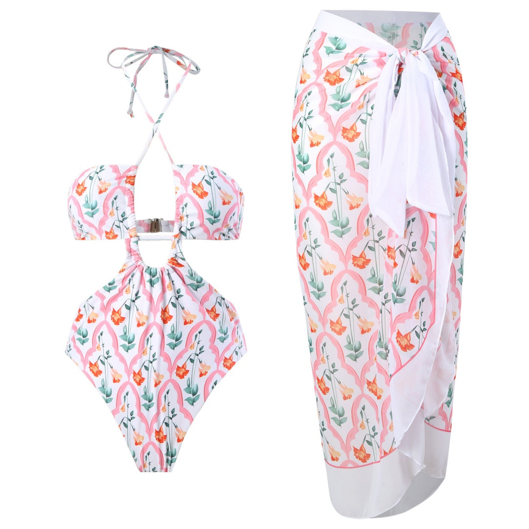 Printed Halter Cutout One Piece Swimsuit &amp; Wrap Skirt Set