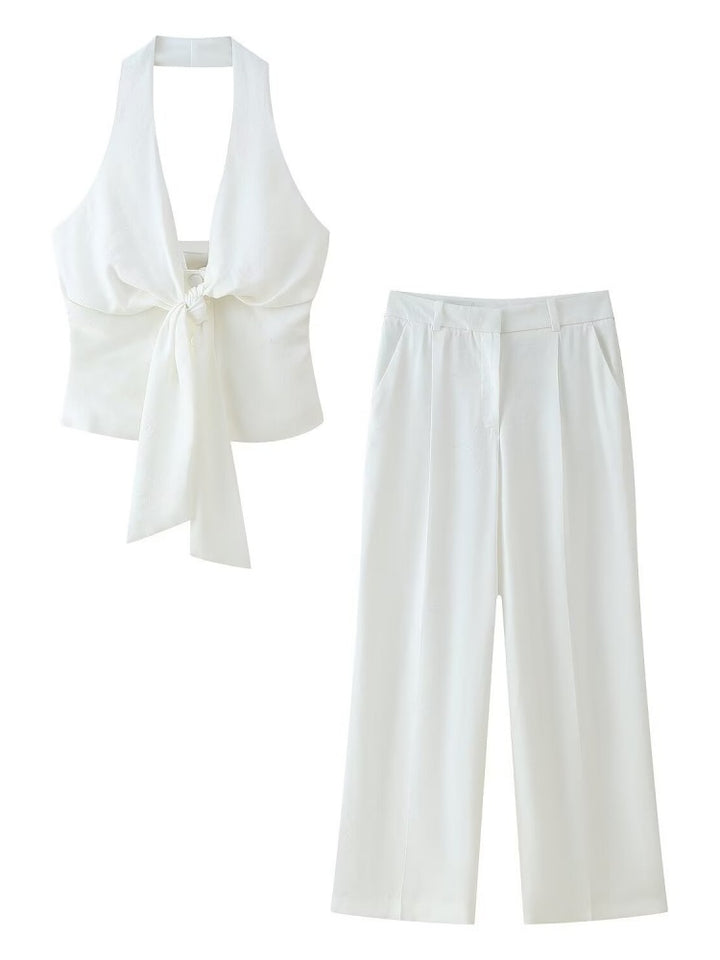 White Halter Tie-Front Top &amp; High-Waisted Wide Leg Pants Set