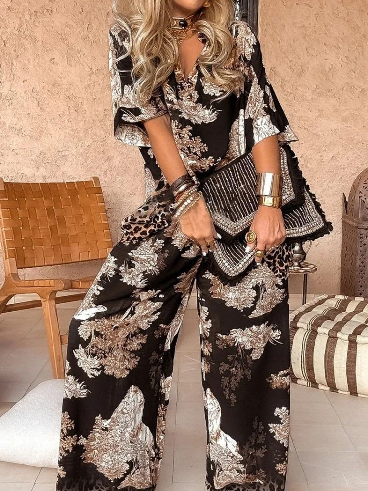 Animal Print V-Neck Wide Sleeve Two Piece Set