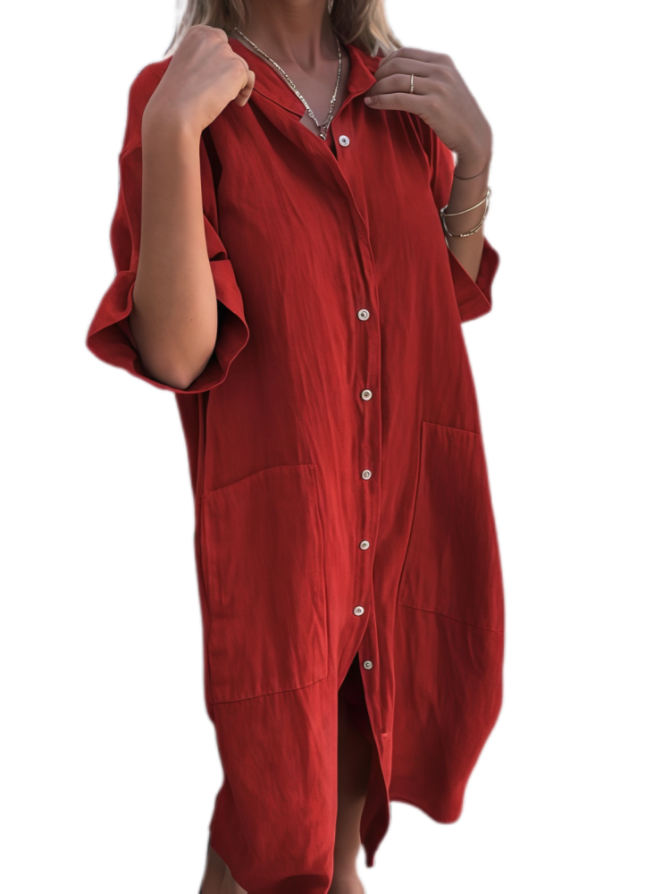 Loose-fitting casual mid-sleeve cotton linen shirt dress