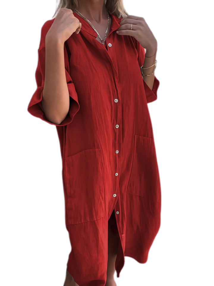 Loose-fitting casual mid-sleeve cotton linen shirt dress