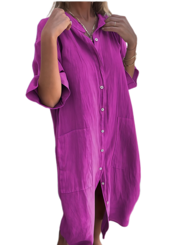 Loose-fitting casual mid-sleeve cotton linen shirt dress