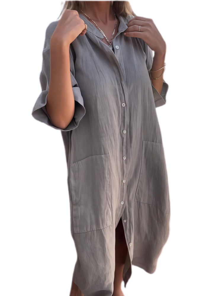 Loose-fitting casual mid-sleeve cotton linen shirt dress