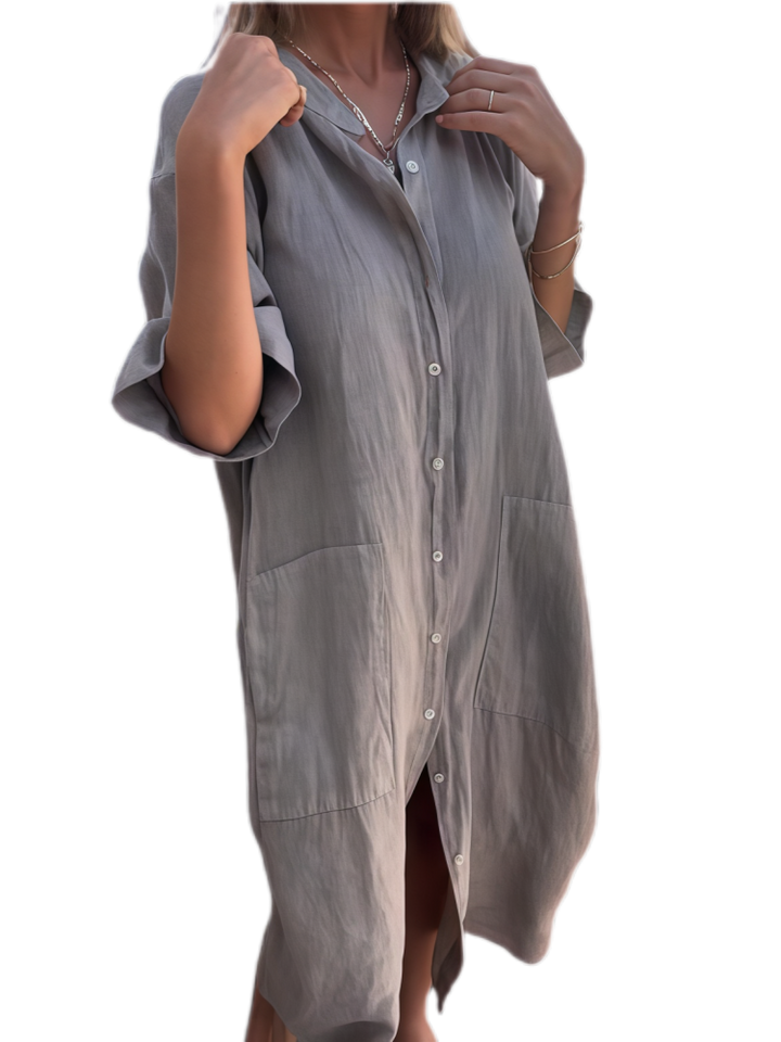Loose-fitting casual mid-sleeve cotton linen shirt dress