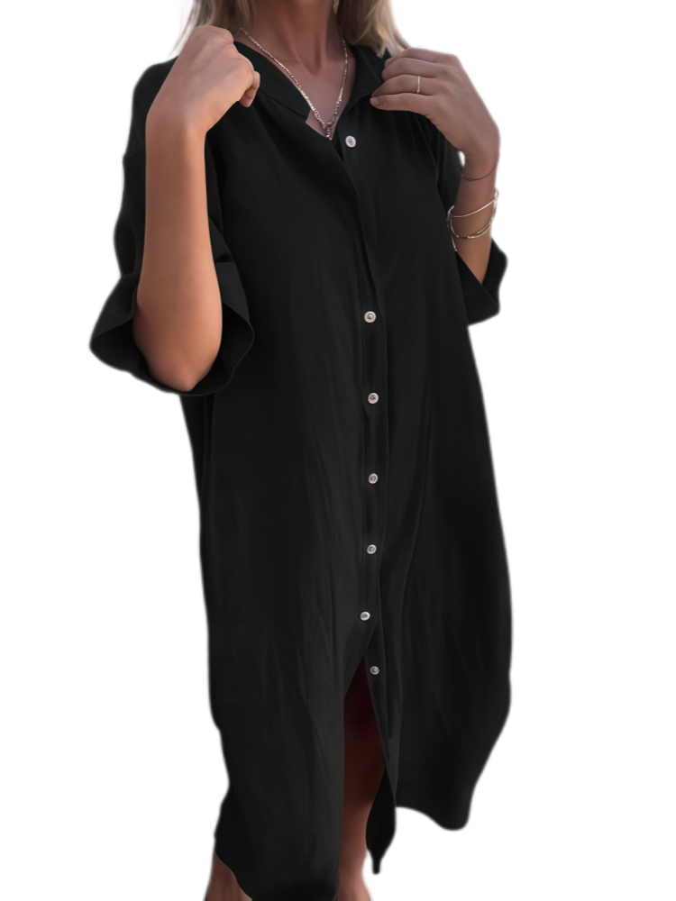 Loose-fitting casual mid-sleeve cotton linen shirt dress