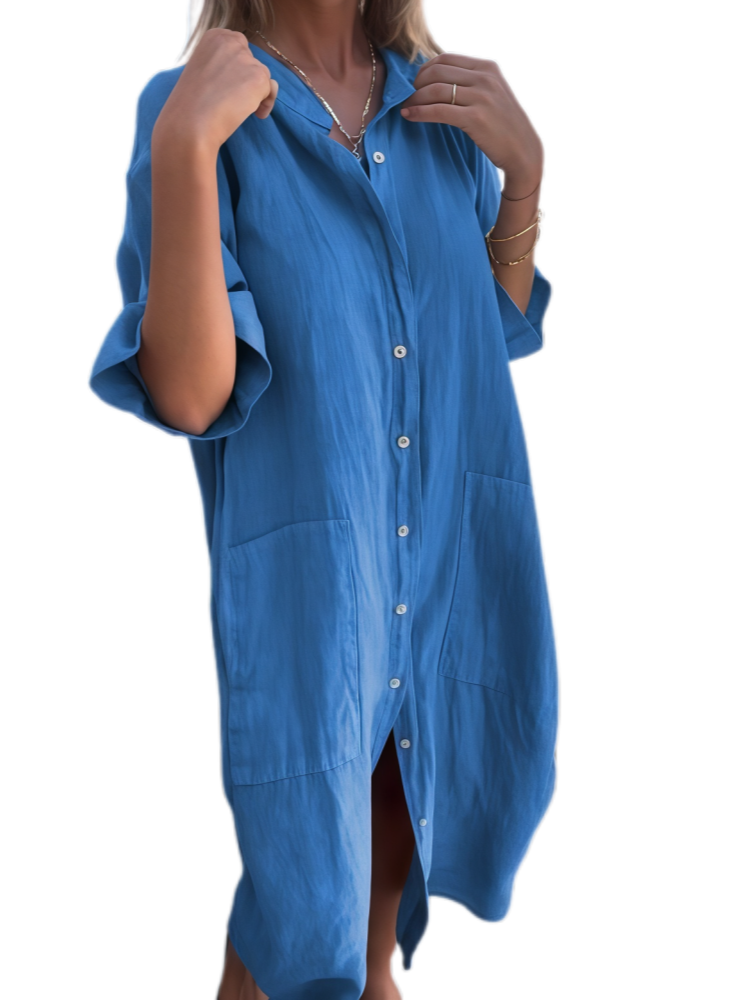 Loose-fitting casual mid-sleeve cotton linen shirt dress