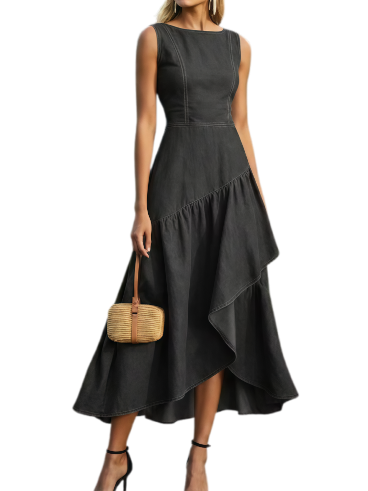 Sleeveless Irregular Ruffle Denim Dress